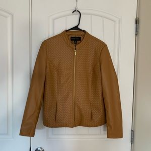 Colleen Lopez Womans Cognac Brown Faux Leather Woven Moto Jacket - Size M